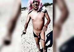 Cute femboy in minidress and heels undresses exposed in public very alluring