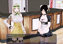 Anime visual novel gameplay featuring joystick action in a harem hotel