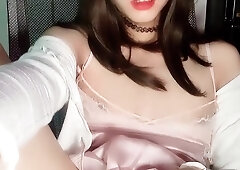 lovely sissy with speculum in silk sundress