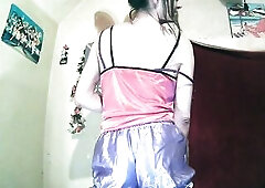trying on my satin bloomers with my chastity on