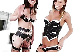 Two kinky shemale maids bareback fuck a bald hunk's butthole