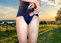 Lovely transgender princess enjoys vibrator cumshot in the countryside