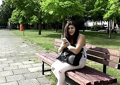 Fascinating large tits brunette hair sprayed on her boobs.