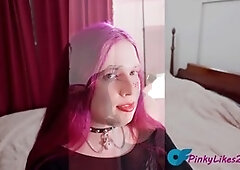 Busty shemale PinkyLikes2Play gets drilled and releases her load