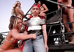 YeastyBoiz: Curvy Large Titties Cuties Play & Squirt on Monster Truck During the time that Duct Taped Dude Gets Tugjob