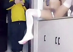 Little Doggy Masturbates for Delivery Man