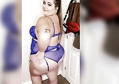 Blond big beautiful woman sweetheart shows off recent blue underware