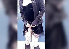 Hot sissy crossdresser Aimee jerks off and cums in public place