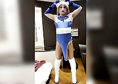 Female mask crossdresser's dance? No! Nipp masturbation! wearing O-back white pants!