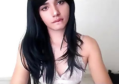 Incredibly hot brunette shemale jerking off her big cock