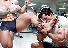 Beefy female bodybuilder using her serf as a foot worshipper during her workout. During the time that lifting enormous, that babe him to lick her pers