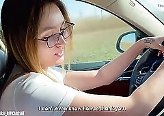 Big ass MILF with glasses gets her pussy fucked by stepson in the car
