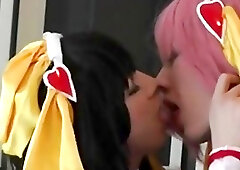Two cute shemale babes who love cosplay tease each other