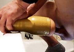 Supple fleslight banging with giant jizz flow and intensive groaning