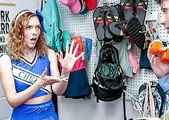 Seems like this blonde cheerleader got some stolen pills on her. Its time to pay for those. And while she has no money she got a nice pussy!