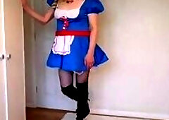 Stripping out of my blue costume in fishnets and no panties