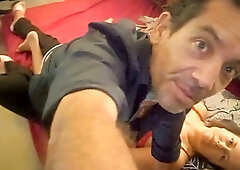Woman in red lace lingerie enjoys rimming and doggystyle with whispered French talk