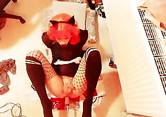 Trans maid cums after using screw machine