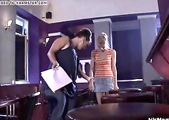 Ponytailed teen drilling lesbo mama's bushy twat