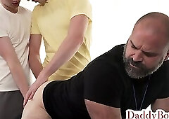 Hairy daddybottom barebacked in 3some by sexy twinks