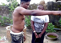 Voluptuous ebony woman and two muscular men entangle in steamy trio at rustic home