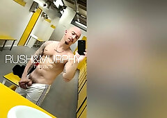 He Masturbates His Huge Cock In The Gym Showers While Muscular Straight Man Spies On Him