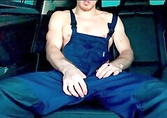 worker jerks huge dick in car