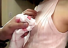 No bra! ?? I'm excited to see an unprotected small titts girl revealing her nipples that erected in