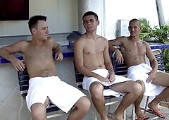 Guy swallows two hot cocks and loads of cum at gay pool blowjob party