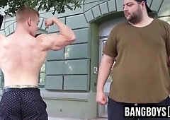 Burly deviant flexing alongside bear before battle