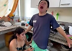 Unfaithful old man discovered by the woman fucking with the neighbor, and while he watches them he m