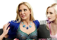 Breasty stepmom gets her snatch licked out by flat chested lesbo teen