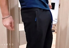 Buff guy in a see-through shower pleasures himself with a huge dildo