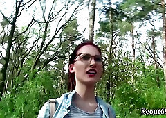 Nerdy German scout with glasses, Lia is sucking the biggest dick she has ever seen