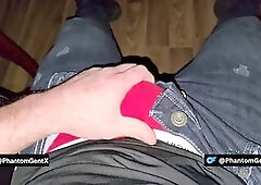 Boss groans in his chair as he jerks off in red boxers, getting off hard