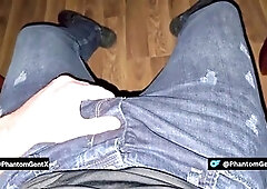 Boss groans in his chair as he jerks off in red boxers, getting off hard