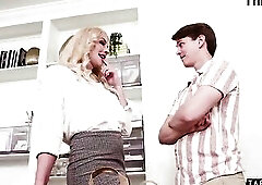 Careful hubby stretching his breasty golden-haired tranny wifes constricted butt