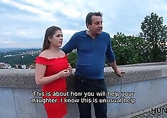 Tasty pale-skinned girl in red dress gets pounded in front of her dadd