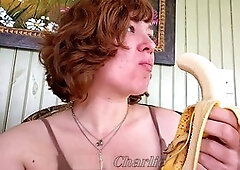 18 year cute girl, deep throat, banana