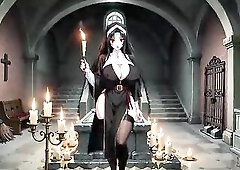 Demonic nun is thirsty for dick and seduces a youthful priest, who screws her until that babe sucks out all his load (Anime AI generated)