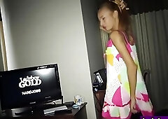 Skinny Asian shemale gives a handjob and rides balls deep