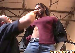 Bounded latino sub jerked by maledom