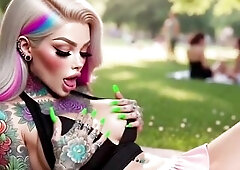 This heavily tattooed whore with biggest breasts goes to a public park and gets so lascivious this babe can’t expect. This babe finds a semi spot, p
