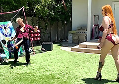 Big-booty redhead MILF plays ball with her stepson's huge white cock