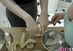 WAM food fetish lesbos in banana fuck scene