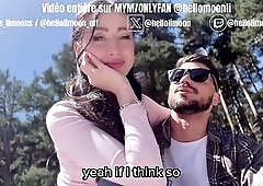 Little French gal sucks a large rod and takes 2 cumshots, one in her throat and the other on her bi