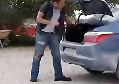 Inked blonde tranny gets her small tits sprayed with cum