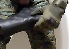 Soldier in Digital Jungle Camo jerked off on swiss army boot