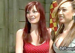 Asian tranny nails roped sandy-haired babe with tied wrists to ankles and open legs