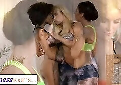 Gym milf and students have wet lesbian interracial threesome